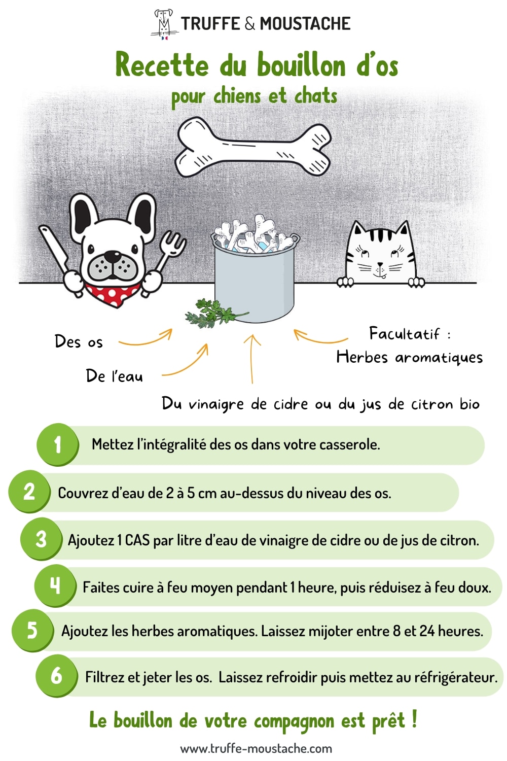 Infographie : les 6 étapes simples de la recette du bouillon d'os pour chiens et chats