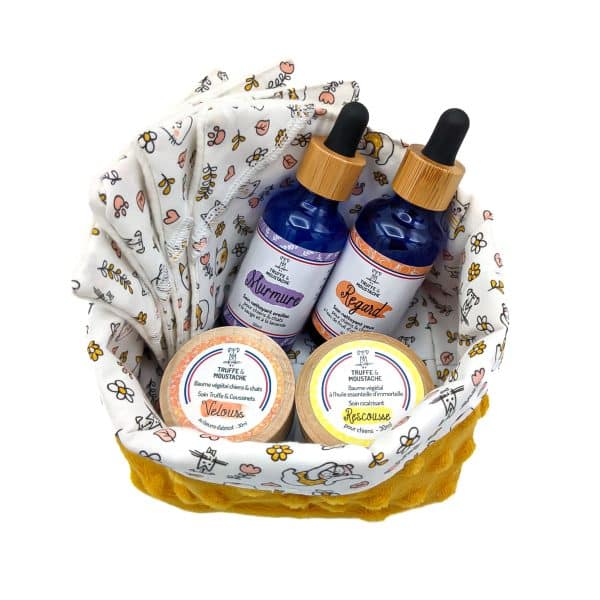 coffret aux petits soins chiens chats baumes hydratant cicatrisant nettoyants yeux oreilles