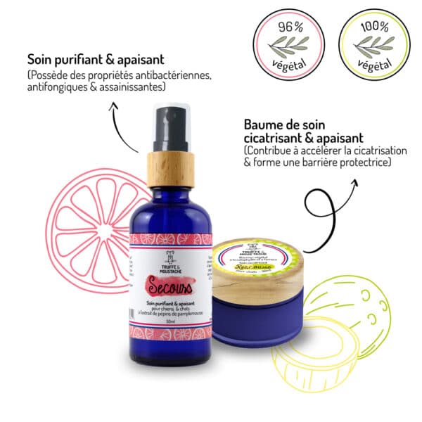 Duo de soins. Spray désinfectant purifiant et baume cicatrisant et apaisant bienfaits pour chiens et chats