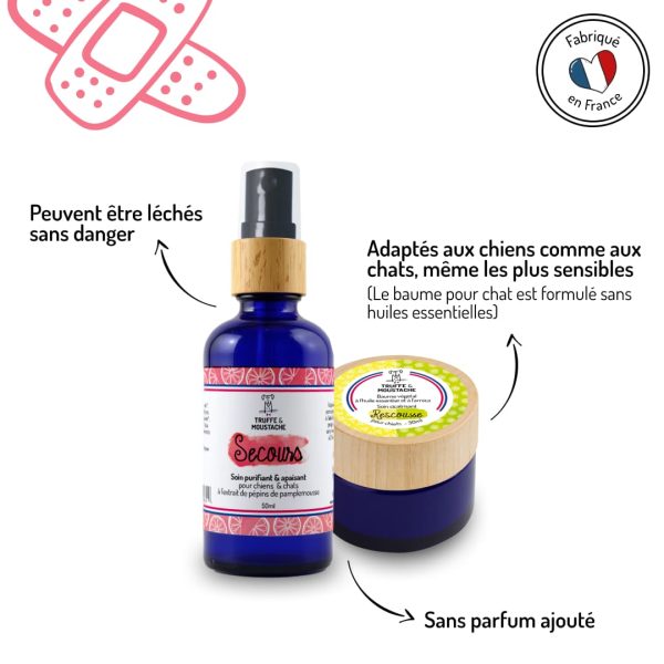 Duo de soins. Spray désinfectant purifiant et baume cicatrisant et apaisant points forts