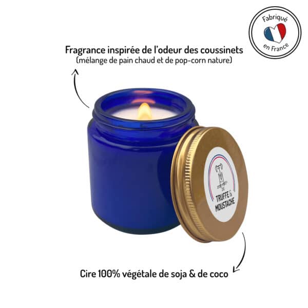 bougie parfumée odeur coussinets des chiens et chats, pain chaud et popcorn nature