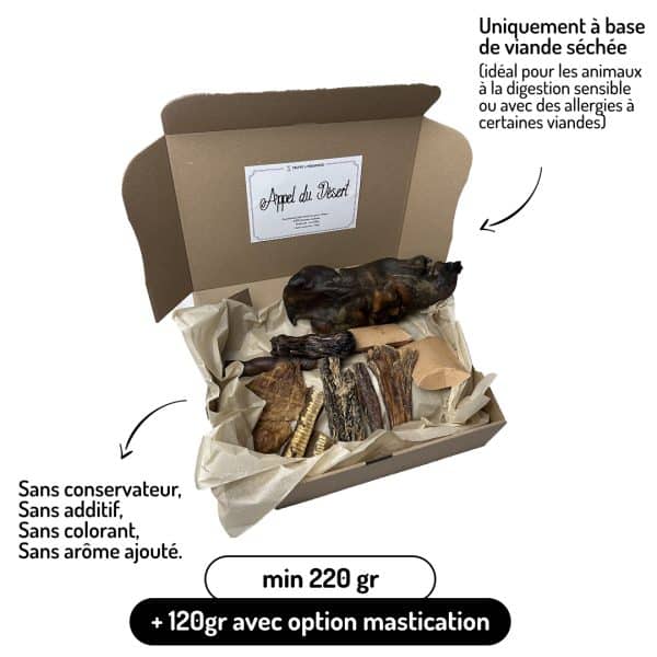 Coffret Appel du Désert friandises variées pour chiens chameau autruche kangourou