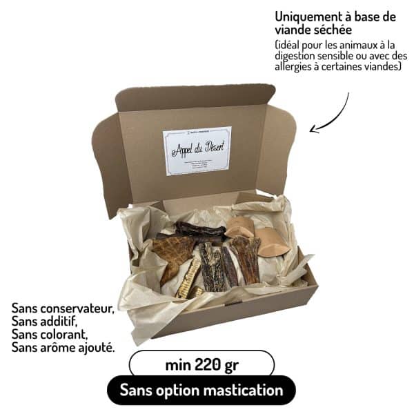 Coffret Appel du Désert friandises variées pour chiens chameau autruche kangourou