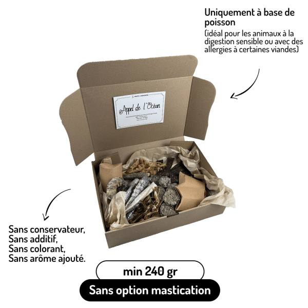 Coffret Appel de l'océan friandises variées pour chiens et chats poisson moules crevette calamar